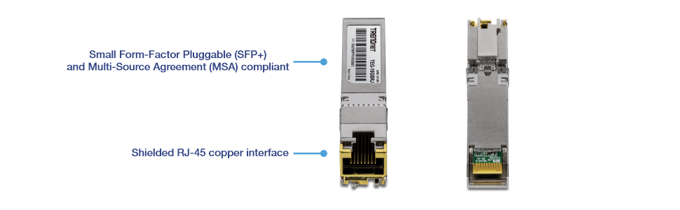 Two views of a TRENDnet TEG-10GBRJ 10G RJ-45 Copper SFP+ Module. The left view shows the front of the module, highlighting the shielded RJ-45 copper interface. The right view shows the back of the module. Text in the image indicates that the module is compliant with the Small Form-Factor Pluggable (SFP+) and Multi-Source Agreement (MSA) standards.