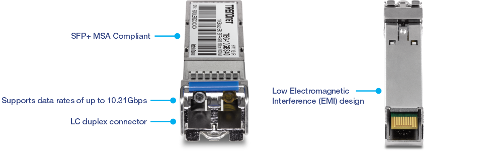 Módulo LC monomodo TRENDnet TEG-10GBS40 SFP+ con etiquetas de texto que destacan sus características, incluido el cumplimiento de SFP+ MSA, soporte para velocidades de datos de hasta 10,31 Gbps, un conector dúplex LC y un diseño de baja interferencia electromagnética (EMI).
