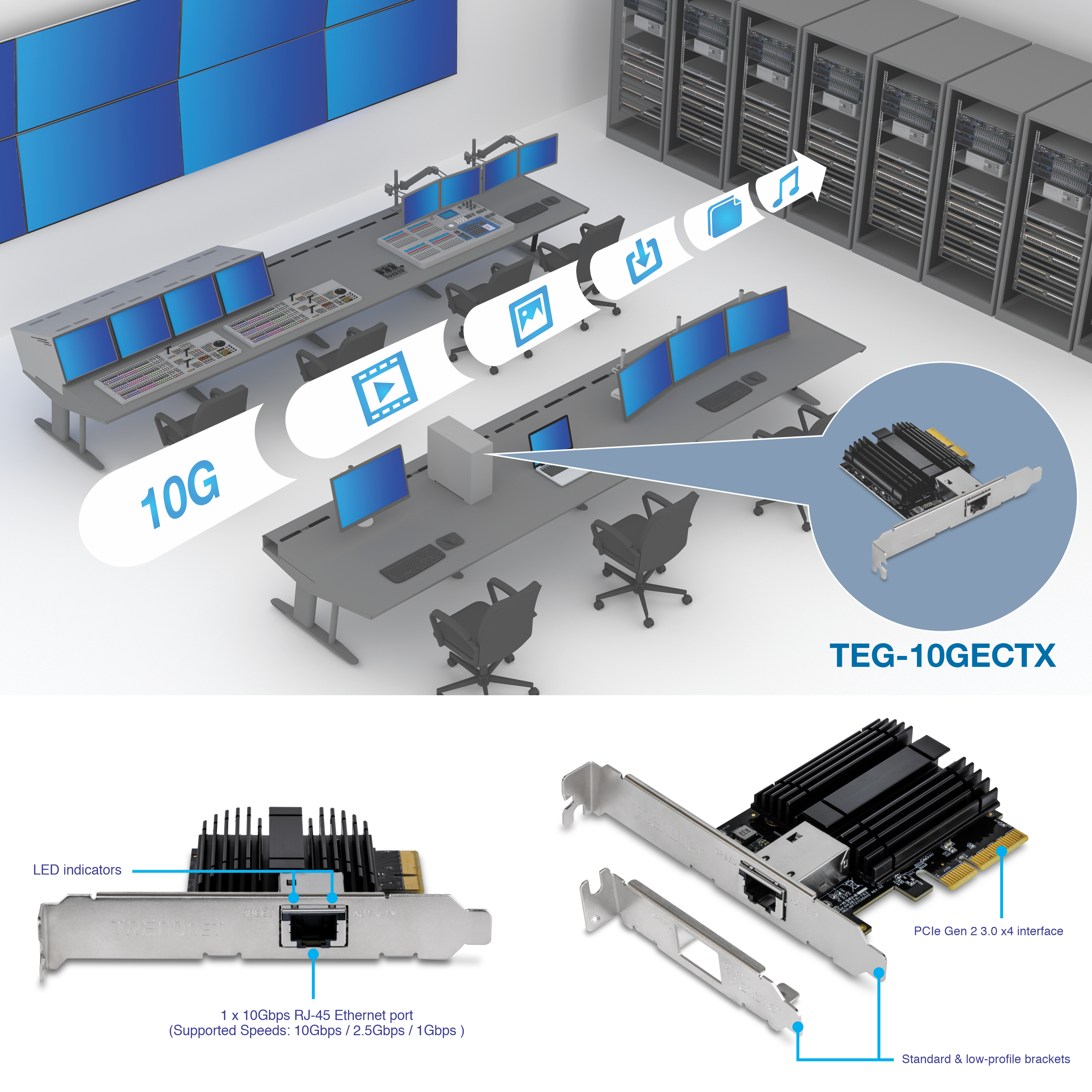Promotional graphic for the TEG-10GECTX, a 10 Gigabit Ethernet network adapter. The top part shows a computer lab or control room with multiple workstations and servers. Icons indicate various types of data (video, images, files, music) being transferred at 10G speeds. A close-up of the TEG-10GECTX network adapter highlights its features. The bottom part provides a detailed view of the network adapter, showing LED indicators, a 10Gbps RJ-45 Ethernet port with supported speeds of 10Gbps, 2.5Gbps, and 1Gbps, a PCIe Gen 2.3.0 x4 interface, and standard and low-profile brackets.