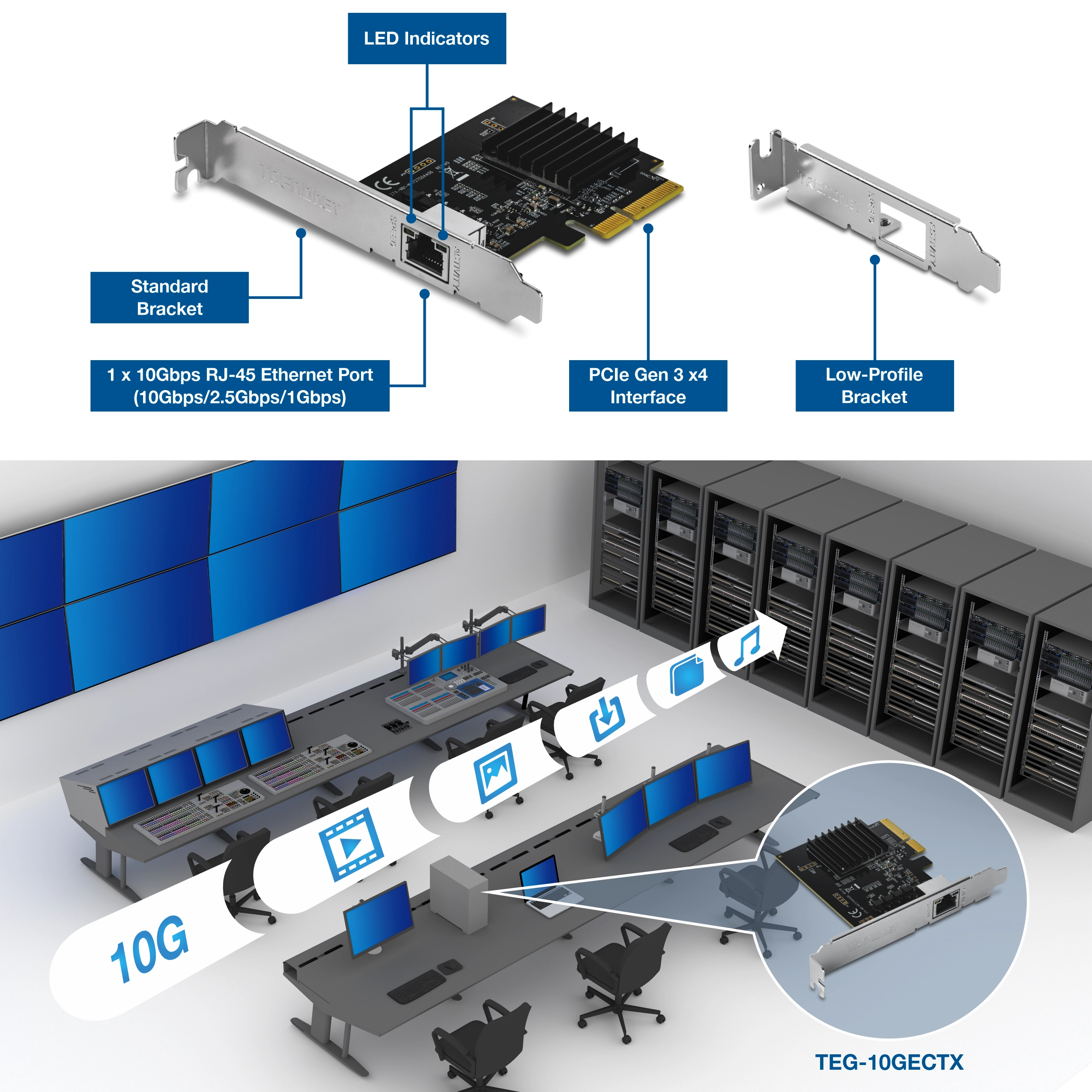 PCIe 10G network adapter with RJ45 port, heatsink, LED indicators, PCIe Gen 3 x4 interface, and included standard and low-profile brackets, shown in a high-speed 10G workstation and server environment.
