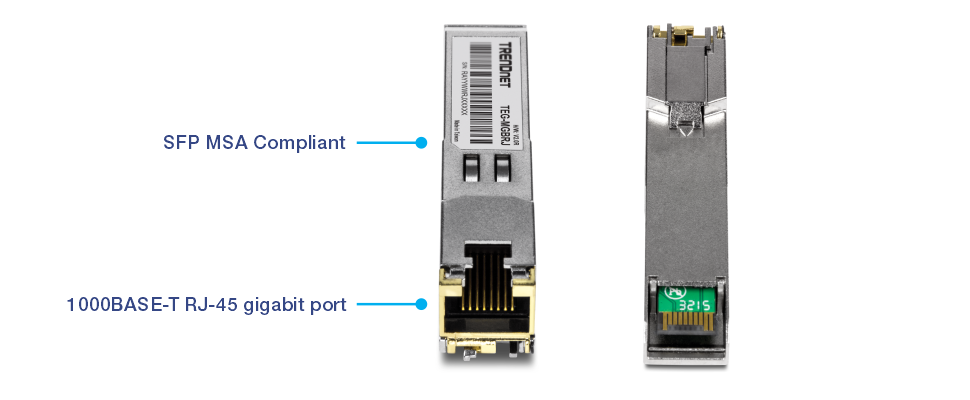 Dos vistas de un módulo transceptor TRENDnet TEC-MGBRJ SFP (Small Form-factor Pluggable). En la vista frontal destaca la etiqueta SFP MSA Compliant y un puerto gigabit 1000BASE-T RJ-45. La vista trasera muestra la parte posterior del módulo, incluida la interfaz del conector para conectarlo a un dispositivo de red. Este módulo transceptor está diseñado para cumplir con los estándares SFP Multi-Source Agreement (MSA) y se utiliza para conexiones Gigabit Ethernet a través de un puerto RJ-45.