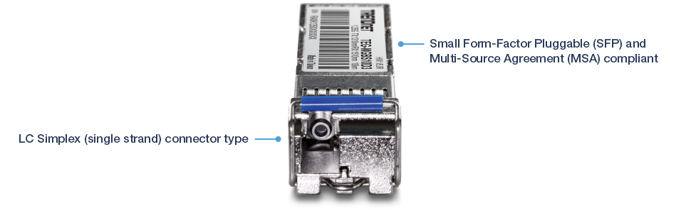 Vista de primer plano de un módulo transceptor conectable de factor de forma pequeño (SFP) con dos anotaciones. La primera anotación apunta al tipo de conector LC Simplex (de un solo hilo). La segunda anotación indica el cumplimiento de los estándares SFP y Multi-Source Agreement (MSA). El módulo tiene una carcasa metálica y una etiqueta de código de barras en la parte superior.