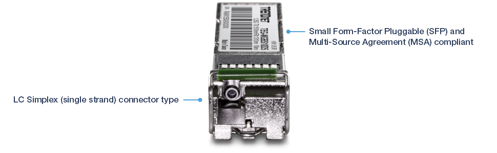 Vista en primer plano de un módulo transceptor enchufable de factor de forma pequeño (SFP). El módulo está etiquetado con dos anotaciones. La primera anotación apunta al tipo de conector, que es un tipo de conector LC Simplex (de una sola hebra). La segunda anotación indica que el módulo es compatible con el acuerdo de factor de forma pequeño conectable (SFP) y el acuerdo de múltiples orígenes (MSA). El módulo tiene una carcasa metálica con un puerto de conector visible en la parte delantera.