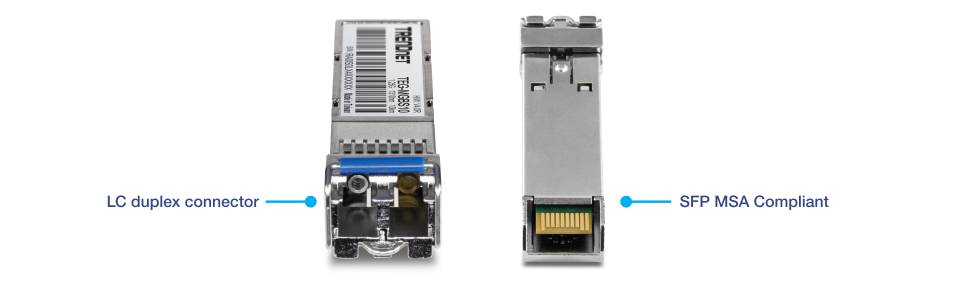 Two views of a TRENDnet branded SFP (Small Form-factor Pluggable) transceiver module. The left side shows the front view with an LC duplex connector, while the right side shows the back view indicating SFP MSA (Multi-Source Agreement) compliance.