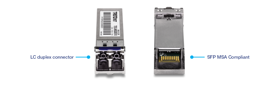 Two views of a TRENDnet branded SFP (Small Form-factor Pluggable) transceiver module. The left side shows the front view with an LC duplex connector, while the right side shows the back view indicating SFP MSA (Multi-Source Agreement) compliance.