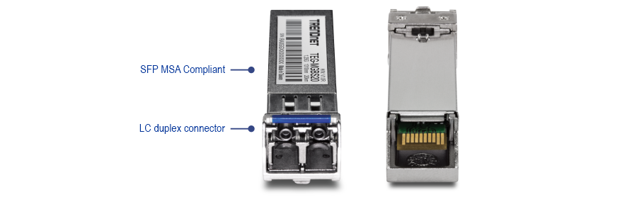 Vistas frontal y trasera de un módulo transceptor TEG-MGBSX SFP de TRENDnet. En la vista frontal destaca el conector dúplex LC para las conexiones de fibra óptica, mientras que en la vista trasera se muestra la interfaz eléctrica para la conectividad de los dispositivos de red.