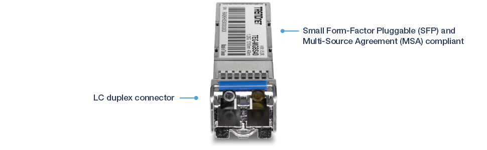 Módulo transceptor SFP de TRENDnet con un conector dúplex LC, que cumple con el acuerdo de múltiples fuentes (MSA), diseñado para una conectividad de red eficiente.