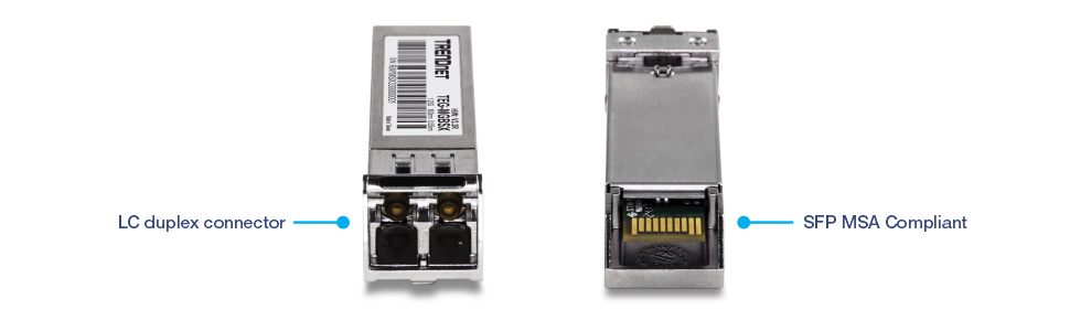Two views of a TRENDnet TEG-MGBSX SFP transceiver module. The left view highlights the LC duplex connector for fiber optic connections. The right view shows compliance with the SFP Multi-Source Agreement standards, ensuring compatibility with various networking devices.