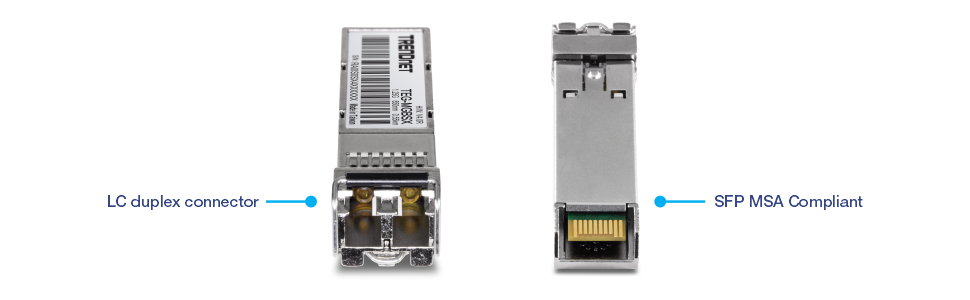 Two views of a TRENDnet TEG-MGBSX SFP transceiver module. The left view highlights the LC duplex connector for fiber optic connections. The right view shows compliance with the SFP Multi-Source Agreement standards, ensuring compatibility with various networking devices.