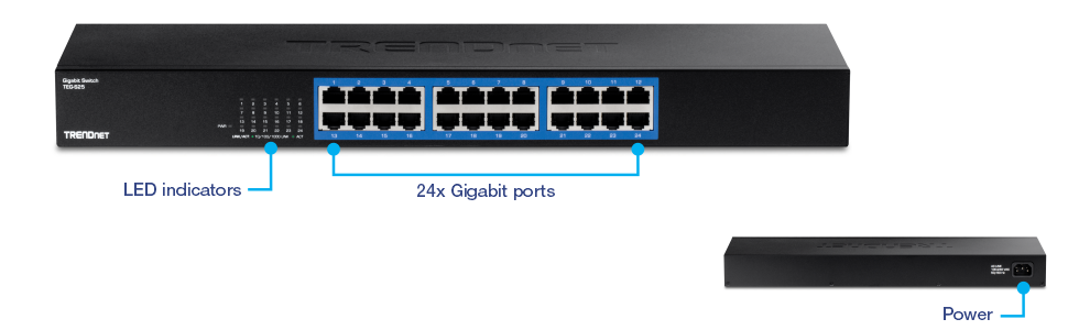 Front view of the TRENDnet TEG-S25 Gigabit Switch. Key features include LED indicators, 24 Gigabit Ethernet ports, and the power input on the back.