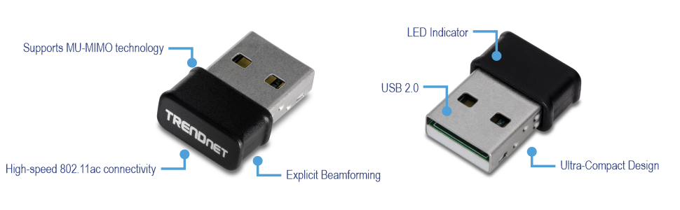 A TRENDnet USB device that supports MU-MIMO technology, offers high-speed 802.11ac connectivity, features explicit beamforming, and has a USB 2.0 interface, an LED indicator, and an ultra-compact design.