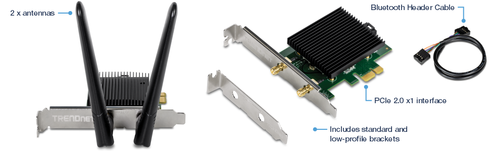 A computer hardware component with two antennas, a PCIe 2.0 x1 interface, and a Bluetooth header cable. Includes both standard and low-profile brackets. The antennas are attached to the main component, which has a heatsink, and the Bluetooth header cable is coiled and separate.