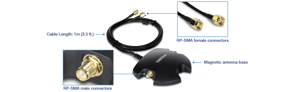 The visual shows a TRENDnet magnetic antenna base with RP-SMA connectors. The cable length is 1 meter or 3.3 feet. The RP-SMA male connectors are highlighted on the base, while the RP-SMA female connectors are shown at the end of the cable.