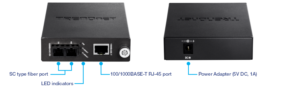 A TRENDnet device with SC type fiber ports, LED indicators, and a 100/1000BASE-T RJ-45 port on the front. The back has a power adapter input labeled 5V DC, 1A. The device is black with the TRENDnet logo on top.