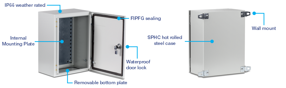An open-door view of the TI-CA2, labeled with IP66 weather rated, internal mounting plate, removable bottom plate, waterproof door lock, and FIPFG sealing. The right side shows the back view labeled with SPHC hot rolled steel case and wall mount.