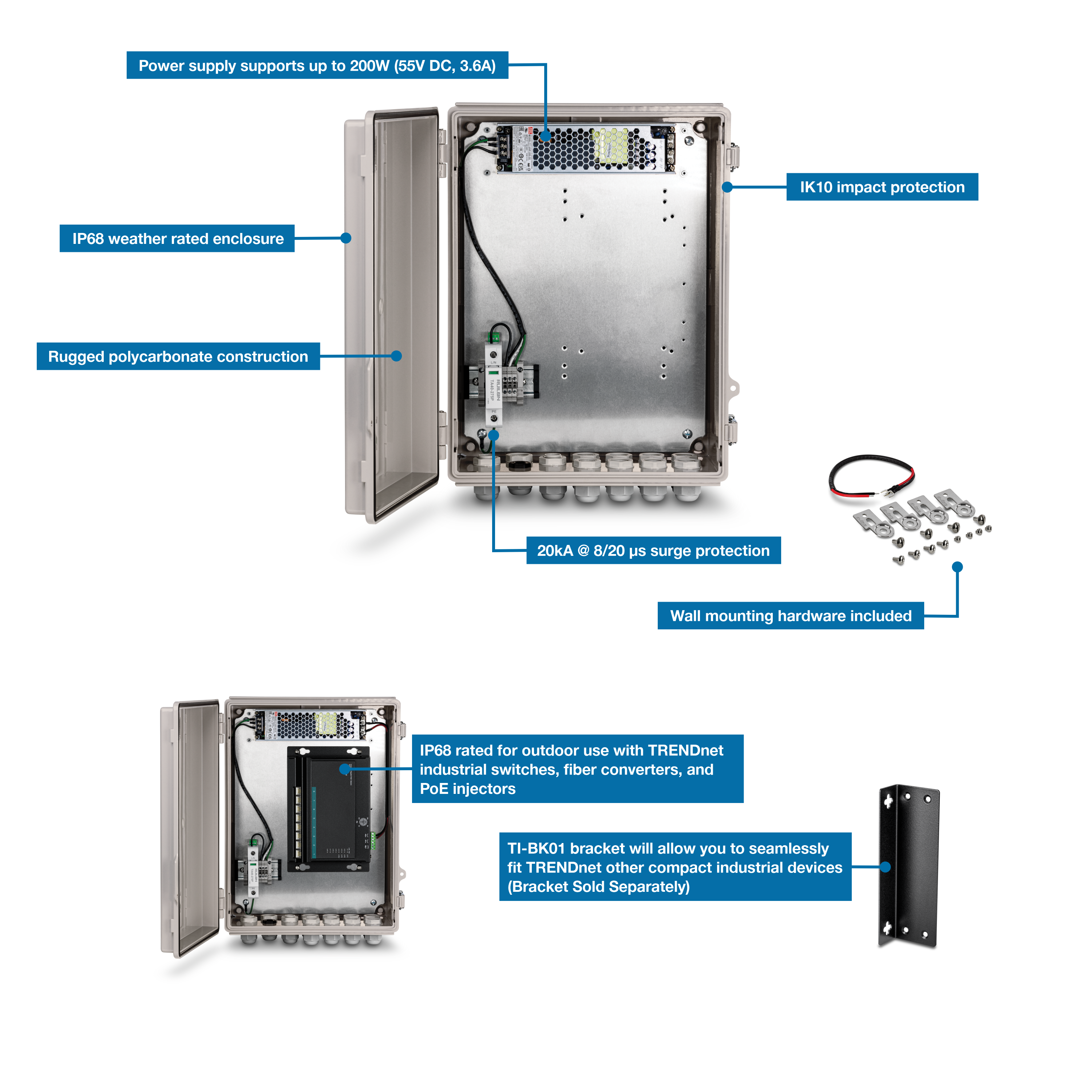 The illustration shows the front view of an open TI-CA3K enclosure. It includes labels for power supply support up to 200W (55V DC, 3.6A), IK10 impact protection, IP68 weather-rated enclosure, rugged polycarbonate construction, and 20kA @ 8/20 surge protection. Wall mounting hardware is included. Below, there is an open view with a network device inside labeled IP68 rated for outdoor use with TRENDnet industrial switches, fiber converters, and PoE injectors. A view of the TI-BK01 bracket indicates it can seamlessly fit other TRENDnet compact industrial devices (bracket sold separately).