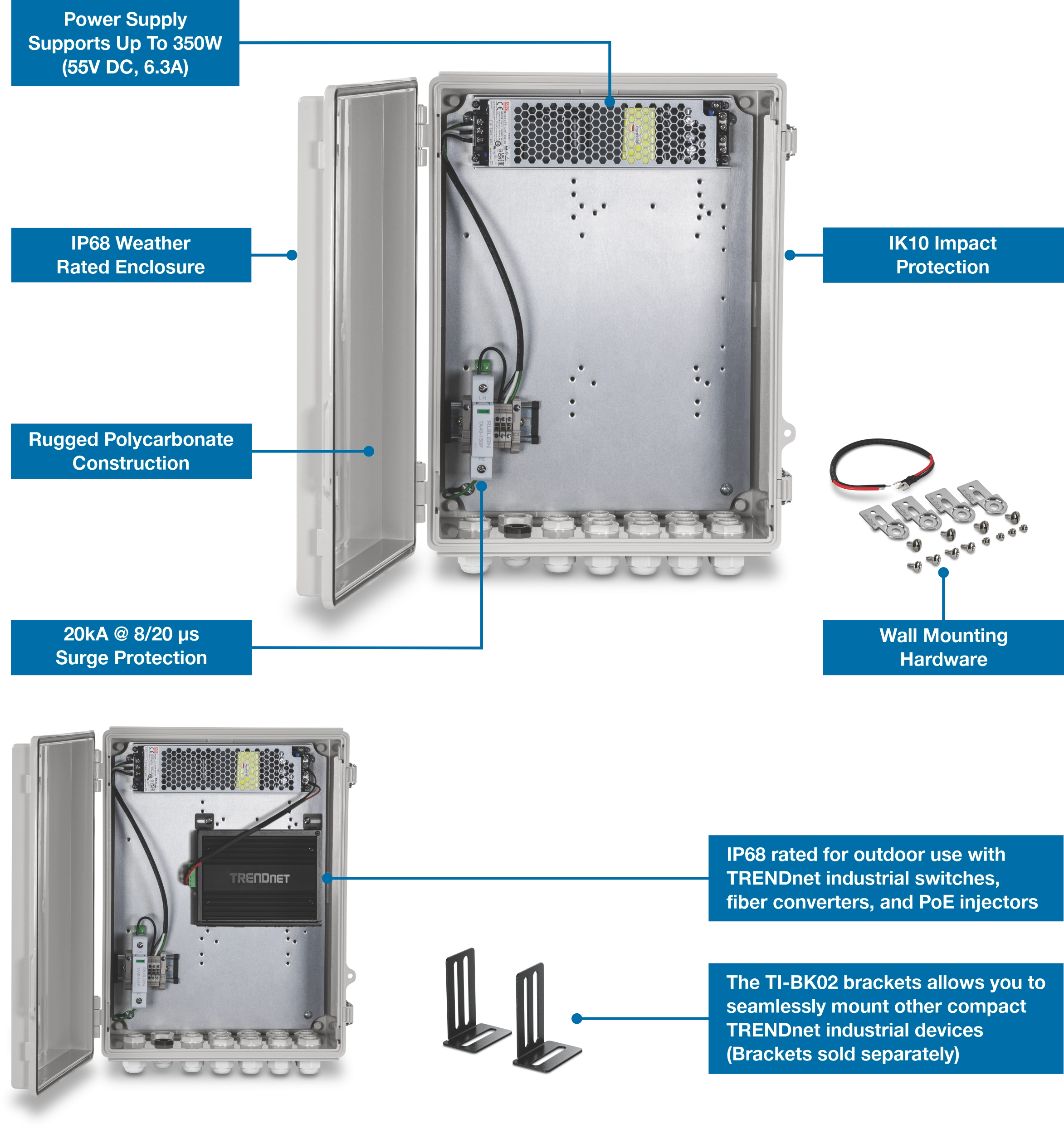 Two outdoor industrial enclosures are shown with highlighted features including 350W power support, IP68 weather rating, rugged polycarbonate build, 20kA surge protection, IK10 impact resistance, and wall mounting hardware. Brackets for mounting compact TRENDnet devices are also noted.