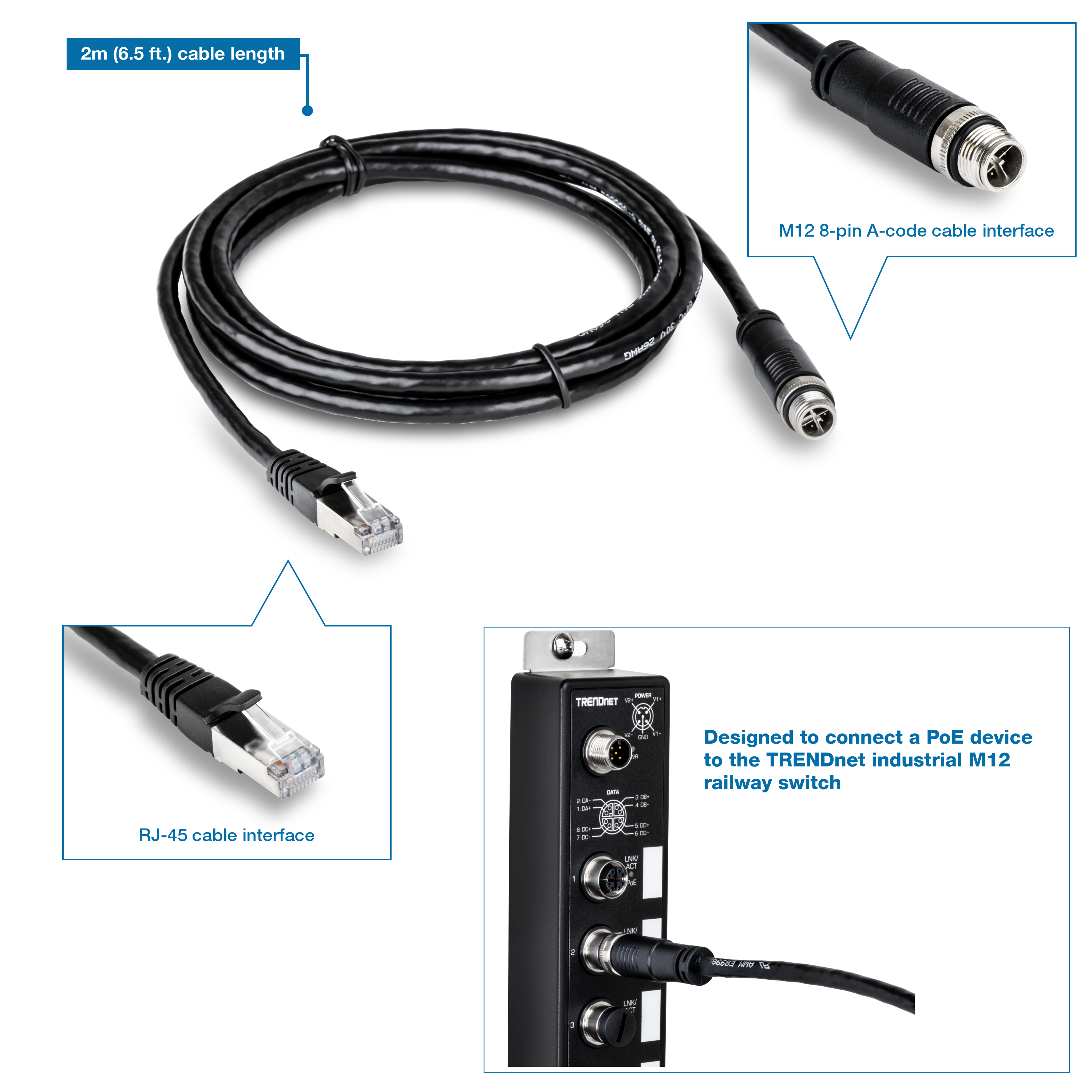A rolled M12 to RJ-45 Industrial Ethernet Cable labeled with a 2m (6.5ft.) cable length. It includes a zoomed-in view of the M12 8-pin A-code cable interface on one end and the RJ-45 cable interface on the other end. The image also displays a view of an M12 railway switch, highlighting that the cable is designed to connect a PoE device to the TRENDnet industrial M12 railway switch.