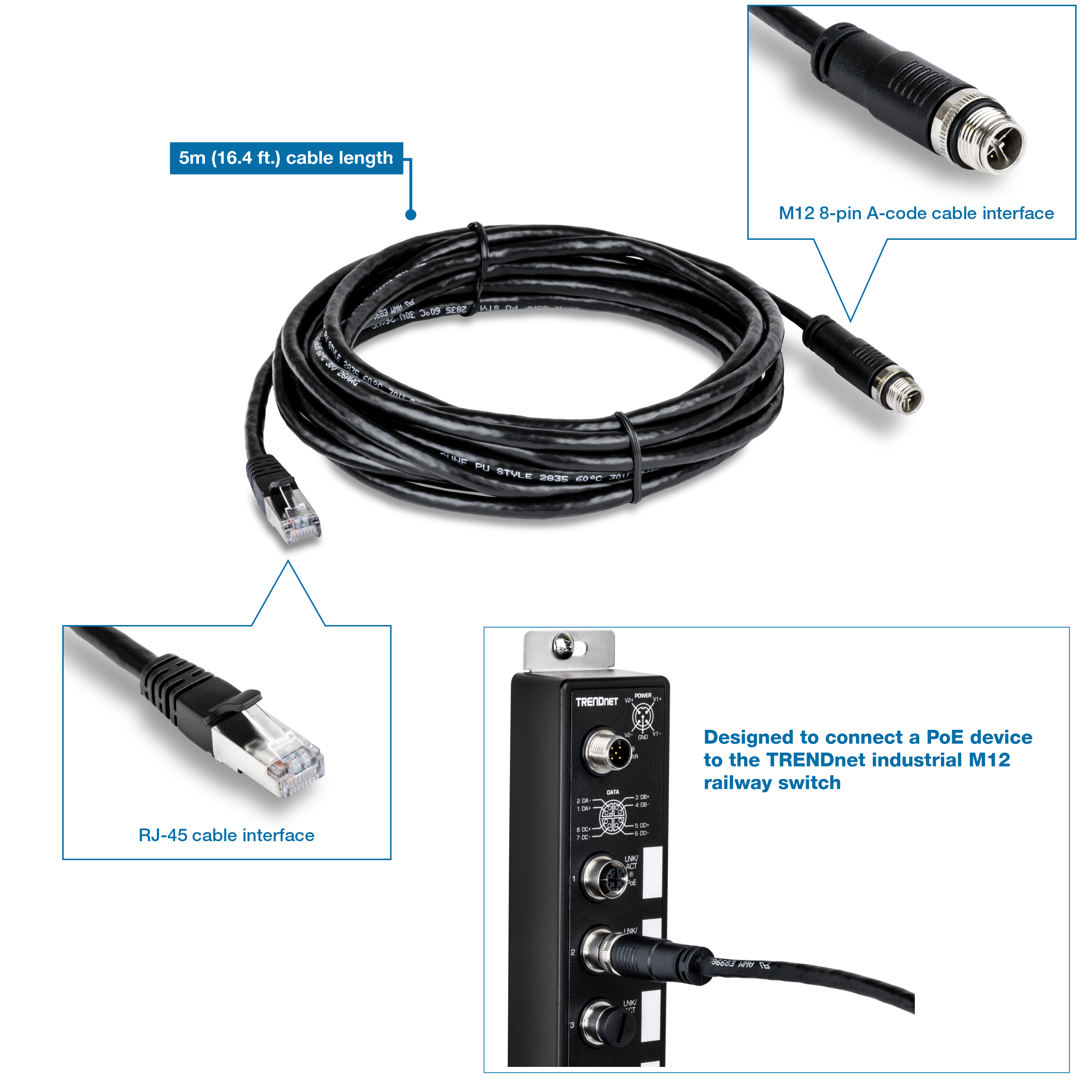 A rolled M12 to RJ-45 Industrial Ethernet Cable labeled with a 5m (16.4ft.) cable length. It includes a zoomed-in view of the M12 8-pin A-code cable interface on one end and the RJ-45 cable interface on the other end. The image also displays a view of an M12 railway switch, highlighting that the cable is designed to connect a PoE device to the TRENDnet industrial M12 railway switch.