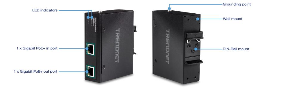 The illustration shows a front-angled view of the TI-E100, labeled with LED indicators, one Gigabit PoE+ in port, and one Gigabit PoE+ out port. On the left, a back-angled view is labeled with grounding point, wall mount, and DIN-Rail mount.