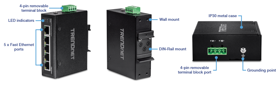The illustration shows a vertical angled view of the 5-Port Industrial Fast Ethernet DIN-Rail Switch TI-E50, with labels for the 4-pin removable terminal block, LED indicators, and five fast Ethernet ports on the left. The middle displays a back-angled view labeled with wall mount and DIN-Rail mount. On the right, the back view is labeled with IP30 metal case, 4-pin removable terminal block, and grounding point.