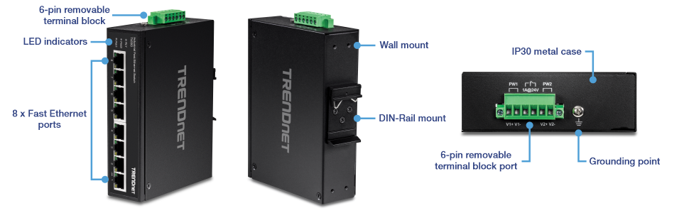 Switch Rail DIN Fast Ethernet PoE+ industriel à 8 ports - TRENDnet TI-PE80