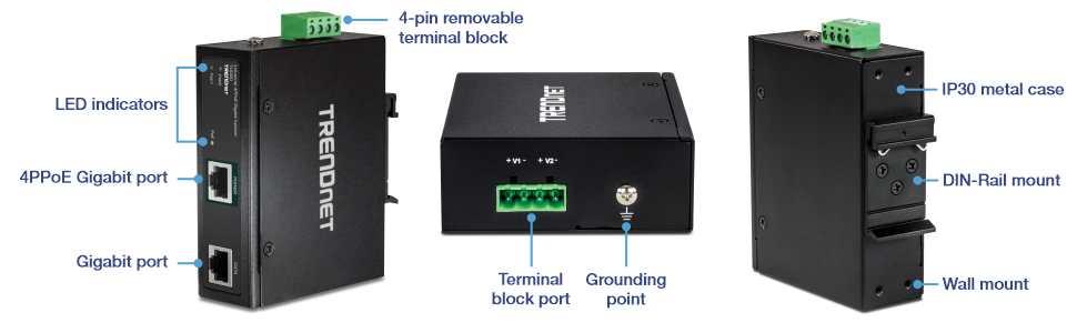 The illustration shows multiple views of the TI-IG90. On the left, a front angle view is labeled with a 4-pin removable terminal block, LED indicators, 4PPoE Gigabit port, and a Gigabit port. In the middle, a top view is labeled with terminal block port and grounding point. The final image is a back angle view labeled with IP30, DIN-Rail mount, and wall mount.