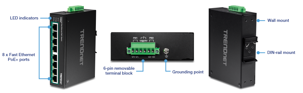 Vorderansicht eines TRENDnet Industrial Network Switches mit beschrifteten Merkmalen. Es verfügt über acht Fast Ethernet PoE+-Ports, LED-Anzeigen, einen abnehmbaren 6-poligen Klemmenblock, einen Erdungspunkt, eine Wandhalterung und eine DIN-Schienenhalterung. Entwickelt für Installations- und Einrichtungszwecke.