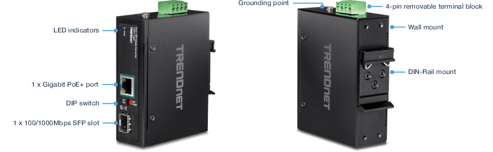 Vistas frontal y trasera de un dispositivo de red industrial TRENDnet. La vista frontal cuenta con indicadores LED, un puerto Gigabit PoE+, un conmutador DIP y una ranura SFP de 100/1000 Mbps. La vista trasera incluye un punto de conexión a tierra, un bloque de terminales extraíble de 4 pines, montaje en pared y montaje en riel DIN.