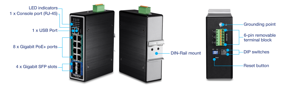 Multiple views of a 12-Port Industrial Gigabit L2+ Managed PoE+ DIN-Rail Switch. The front-angled view displays LED indicators, Console port (RJ-45), USB port, Gigabit PoE+ ports, and Gigabit SFP slots. The back-angled view shows the DIN-rail mount. The top view shows the grounding point, terminal block, DIP switches, and reset button.