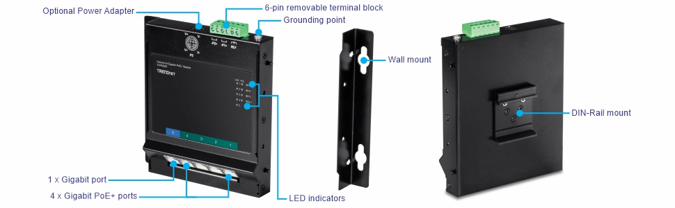 A TRENDnet Industrial Gigabit PoE+ Switch with various labeled components. The front view highlights an optional power adapter, a 6-pin removable terminal block, a grounding point, one Gigabit port, four Gigabit PoE+ ports, and LED indicators. A bracket view labeled wall mount, while the back view features a DIN-Rail mount.