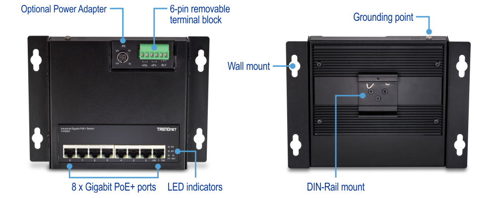 A TRENDnet Industrial Gigabit PoE+ Switch with various labeled components. On the left side, the front view highlights the optional power adapter, 6-pin removable terminal block, 8 x Gigabit PoE+ ports, and LED indicators. On the right side, the rear view indicates the grounding point, wall mount, and DIN-Rail mount.