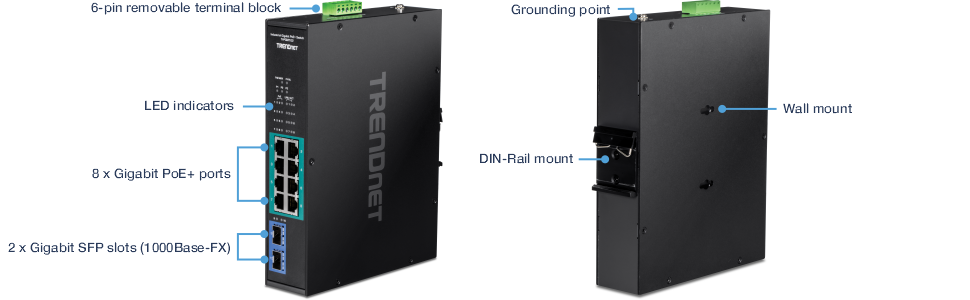 El objeto visual muestra un dispositivo TRENDnet con varios componentes etiquetados. En el lado izquierdo, el dispositivo cuenta con un bloque de terminales extraíble de 6 pines en la parte superior, seguido de indicadores LED debajo. Hay 8 puertos Gigabit PoE+ dispuestos en dos filas verticales. En la parte inferior, hay 2 ranuras SFP Gigabit etiquetadas como 1000Base-FX. El lado derecho del dispositivo destaca un punto de conexión a tierra en la parte superior, un soporte de pared en el medio y un soporte de riel DIN en la parte inferior.