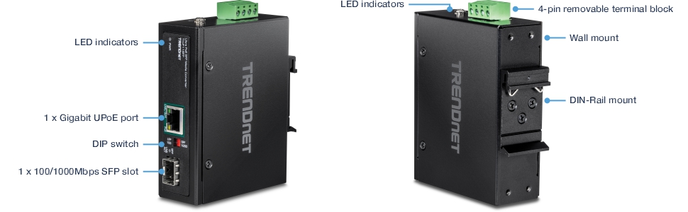 La imagen muestra un dispositivo TRENDnet desde dos ángulos diferentes. La vista lateral izquierda destaca varias características: indicadores LED en la parte superior, un puerto Gigabit UPoE debajo de los indicadores LED, un interruptor DIP debajo del puerto Gigabit UPoE y una ranura SFP de 100/1000Mbps en la parte inferior. La vista lateral derecha muestra componentes adicionales: indicadores LED en la parte superior, un bloque de terminales extraíble de 4 pines debajo de los indicadores LED, un soporte de pared en el centro y un soporte de carril DIN en la parte inferior.