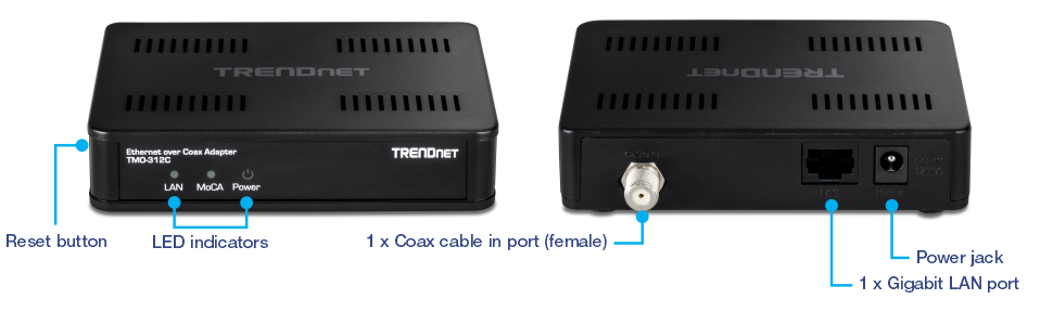 Das Bild zeigt einen TRENDnet Ethernet over Coax Adapter Modell TMO-312C. In der Vorderansicht des Adapters ist auf der linken Seite eine Reset-Taste zu sehen, gefolgt von drei LED-Anzeigen mit der Aufschrift LAN, MoCA und Power. Das TRENDnet-Logo befindet sich auf der rechten Seite der Frontplatte. Die Rückansicht des Adapters umfasst einen Koaxialkabeleingang (Buchse) auf der linken Seite, eine Netzbuchse auf der rechten Seite und einen einzelnen Gigabit-LAN-Anschluss, der sich zwischen dem Koaxialkabeleingang und der Netzbuchse befindet. Der Adapter ist schwarz mit Lüftungsschlitzen auf der Oberseite.