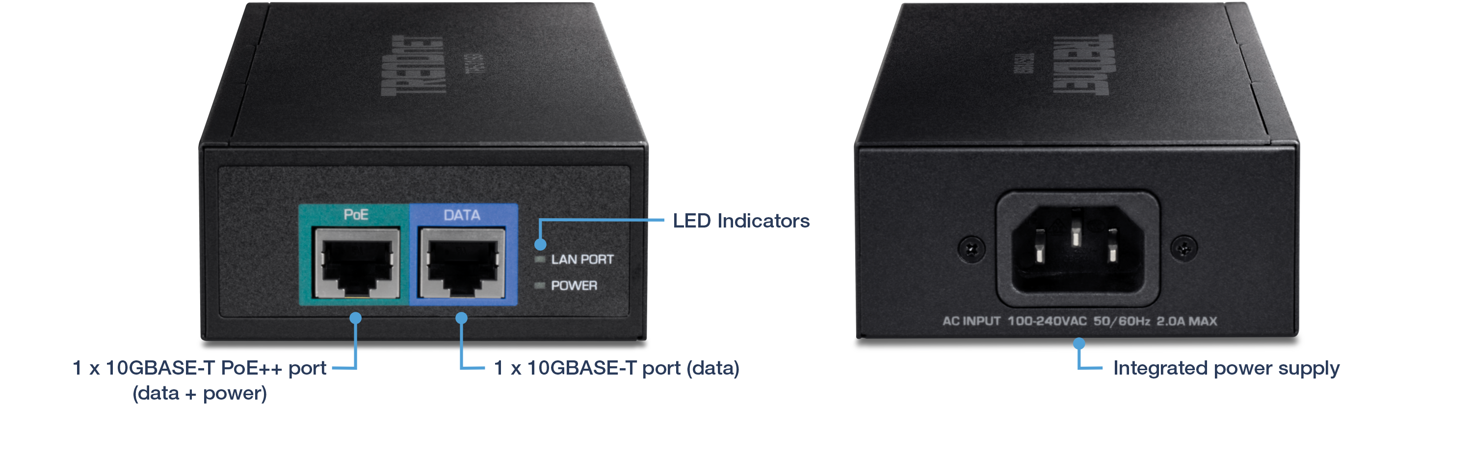 A device with front and back views. The front displays two ports labeled PoE and DATA. The PoE port is a 10GBASE-T PoE++ port that supports both data and power, while the DATA port is a 10GBASE-T port that supports data only. LED indicators next to the ports are labeled LAN PORT and POWER. The back view shows an integrated power supply with an AC input labeled 100-240VAC 50/60Hz 2.0A MAX.