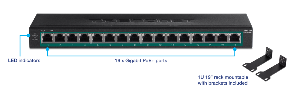 Switch gigabit PoE+ de 16 puertos - TRENDnet TPE-TG160H