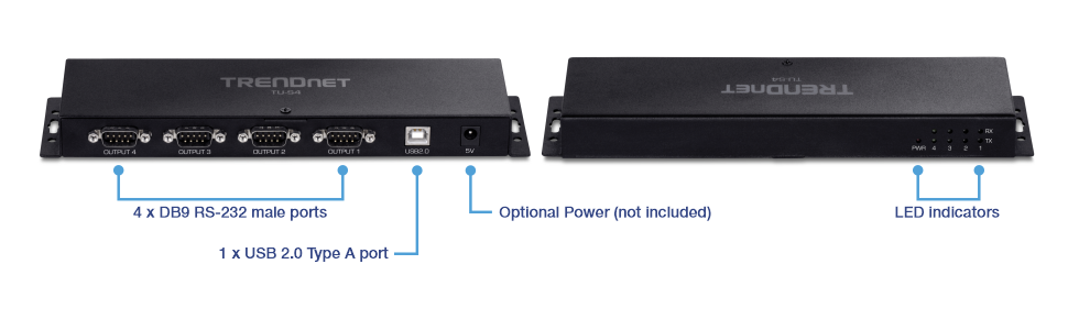You Uploaded image what is this diagram of 4-Port USB to Serial RS232 Hub TU-S4 Copilot The diagram shows the TRENDnet TU-S4, a 4-Port USB to Serial RS232 Hub. It highlights its four DB9 RS-232 male ports for serial communication, one USB 2.0 Type A port to connect to a computer, optional power input, and LED indicators for power and data transmission status for each port. This setup provides a clear view of the hub's connectivity and status monitoring features.