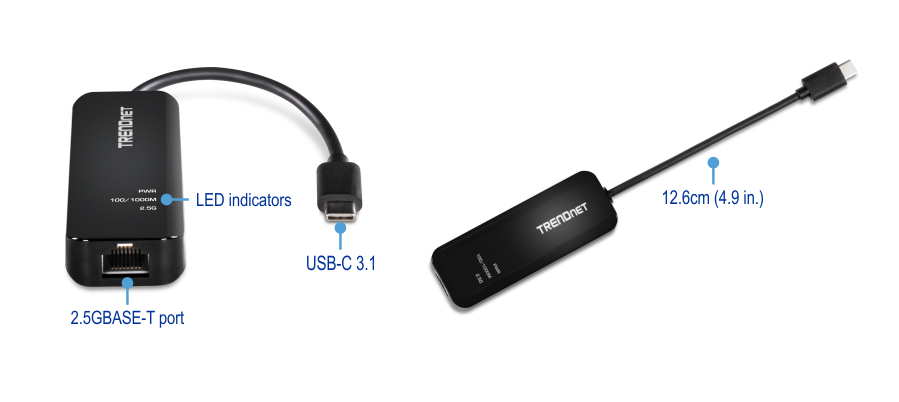 TRENDnet network adapter is shown from different angles. It features a 2.5GBASE-T port, LED indicators, and a USB-C 3.1 connector.