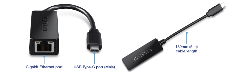 A black adapter with a Gigabit Ethernet port on one end and a USB Type-C port (male) on the other end. The adapter has a cable length of 130mm (5 inches). The Gigabit Ethernet port is labeled, and the USB Type-C port is also labeled. The adapter is branded with the TRENDnet logo.