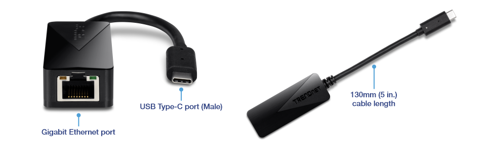 La imagen muestra un adaptador USB 3.1 Tipo-C a Gigabit Ethernet (modelo TUC-ETG) con un puerto Ethernet Gigabit para acceso a redes cableadas de alta velocidad, un puerto USB Tipo-C para conexión a dispositivos como laptops y un cable de 130 mm (5 pulgadas) para conectividad.