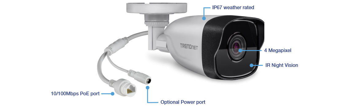 A surveillance camera with labeled features indicating it is IP67 weather rated, 4 megapixels in resolution, and equipped with IR night vision. It includes a 10/100Mbps PoE port for power and data transmission and has an optional power port. The brand name TRENDnet is visible on the side of the camera.