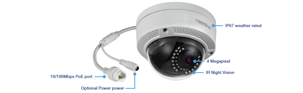 A surveillance camera with labeled features indicating it is IP67 weather rated, 4 megapixels in resolution, and equipped with IR night vision. It includes a 10/100Mbps PoE port for power and data transmission and has an optional power port. The brand name TRENDnet is visible on the side of the camera.