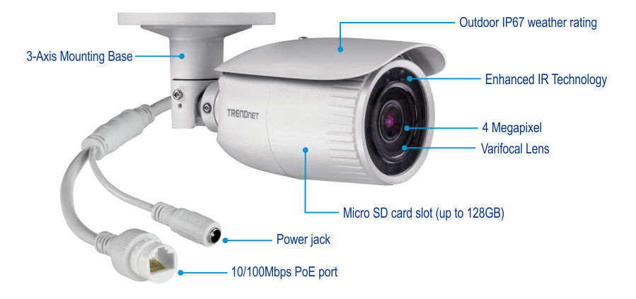 A security camera with various labeled features, including a 3-Axis Mounting Base, Outdoor IP67 weather rating, Enhanced IR Technology, 4 Megapixel Varifocal Lens, Micro SD card slot supporting up to 128GB, Power jack, and a 10/100Mbps PoE port. The camera is branded TRENDnet.