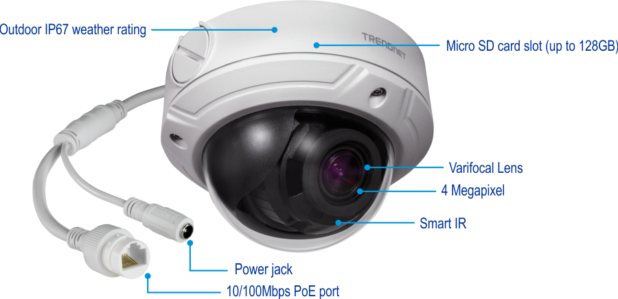 A white dome-shaped security camera with an outdoor IP67 weather rating, a micro SD card slot supporting up to 128GB, a varifocal lens, a 4-megapixel resolution, Smart IR technology, a power jack, and a 10/100Mbps PoE port.