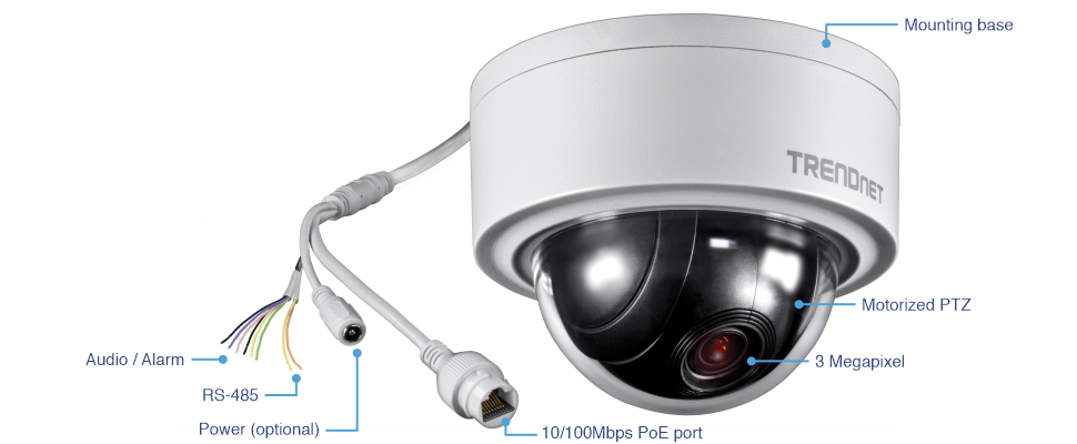 A TRENDnet security camera is shown with various labeled components, including a mounting base, motorized PTZ, audio and alarm cables, RS-485 cable, optional power cable, and a 10/100 Mbps PoE port. The camera is a 3-megapixel model, designed for versatile installation and comprehensive monitoring capabilities.