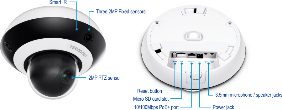A TRENDnet surveillance camera is shown with various labeled components, including Smart IR, three 2MP fixed sensors, a 2MP PTZ sensor, a reset button, a micro SD card slot, a 10/100Mbps PoE+ port, a power jack, and 3.5mm microphone and speaker jacks.