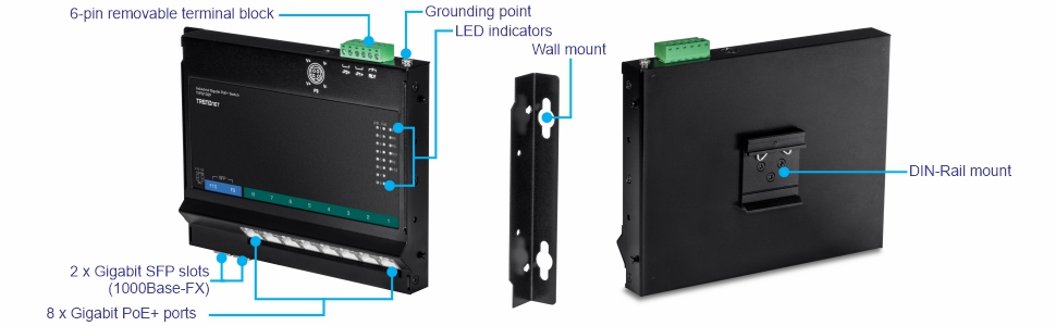 Front view of a TRENDnet industrial switch with labeled components including a 6-pin removable terminal block, grounding point, LED indicators, 2 Gigabit SFP slots (1000Base-FX), and 8 Gigabit PoE+ ports. Side view displays the wall mount. Back view features a DIN-Rail mount.