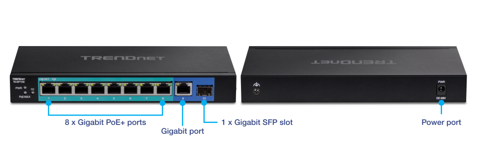 Images of TE-GP102: on the left is the front view with labels for 8 x Gigabit PoE+ ports, 1 x Gigabit port, and 1 x Gigabit SFP slot. On the right is the back view with a label for the Power port.