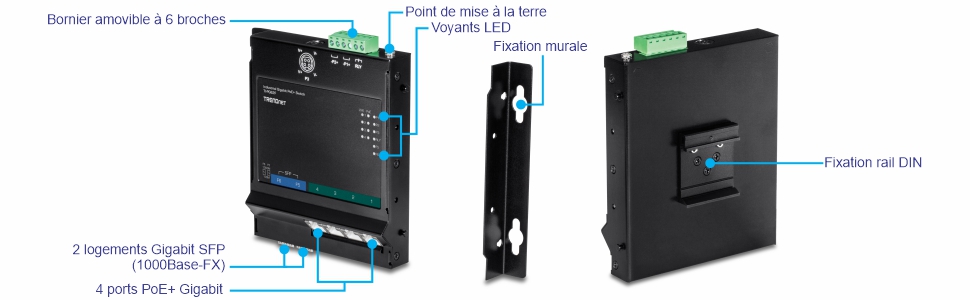 Périphérique réseau doté d’un bornier amovible à six broches en haut, d’un point de mise à la terre et d’indicateurs LED sur le panneau avant. Il dispose de deux emplacements Gigabit SFP (100/1000Base-FX) et de quatre ports Gigabit PoE+ en bas. L’appareil peut être monté à l’aide d’un support mural ou d’un support sur rail DIN. Le support mural est un support séparé, tandis que le support sur rail DIN est fixé à l’arrière de l’appareil. L’appareil est noir et rectangulaire avec des étiquettes indiquant les pièces spécifiques et leurs fonctions.